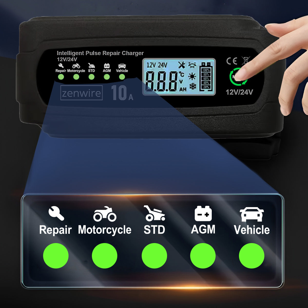 Chargeur-redresseur de batterie de voiture avec fonction de réparation 12 V, 24 V, 10 A Zenwire JMD-10
