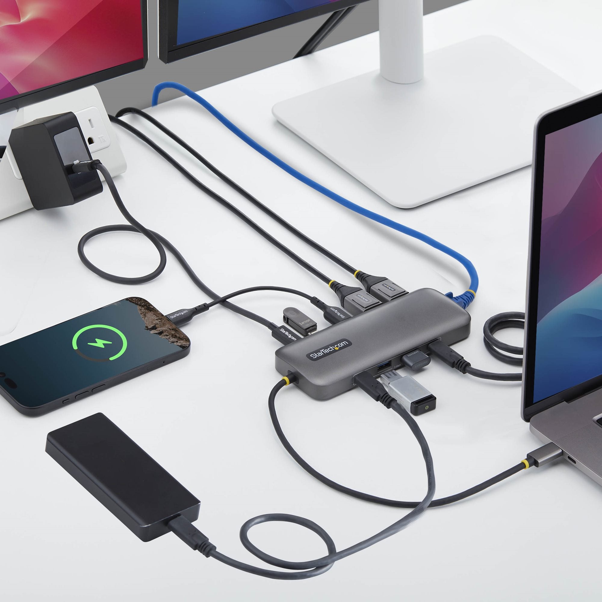StarTech.com Adaptateur Multiport USB-C vers Deux Ports DisplayPort 10-en-1, Recharge Power Delivery 100 W, 2 x 4K 60Hz, Hub 5 Ports à 5 Gbps, Gigabit Ethernet, Mini Dock Type-C