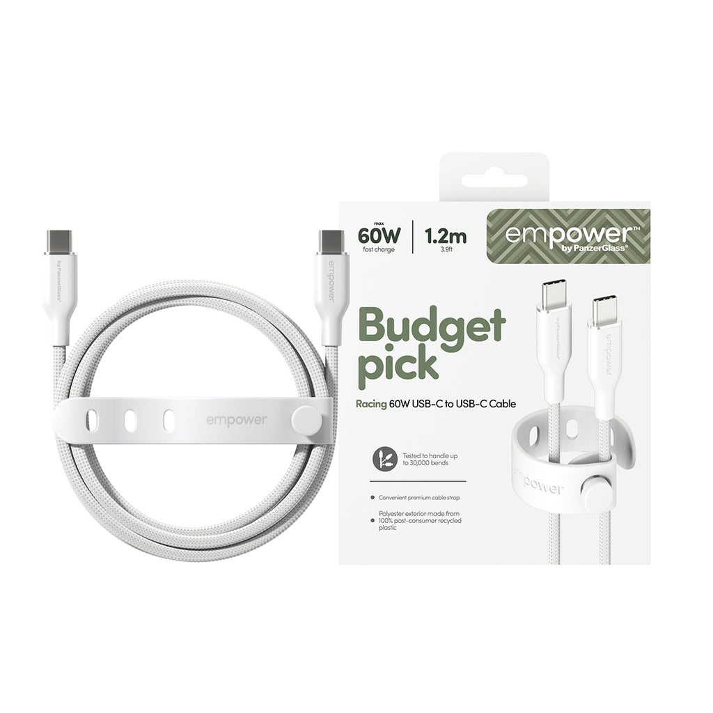 PanzerGlass empower™ by ® Racing 60W USB-C to USB-C Cable | USB 2.0 | 1.2M | Silver White câble USB Blanc