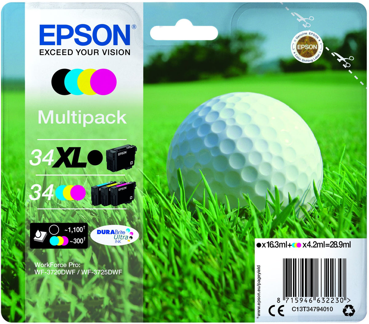 Epson Golf Ball Multipack 4 Couleurs 34 XL Noir et Standard CMY DURABrite Ultra