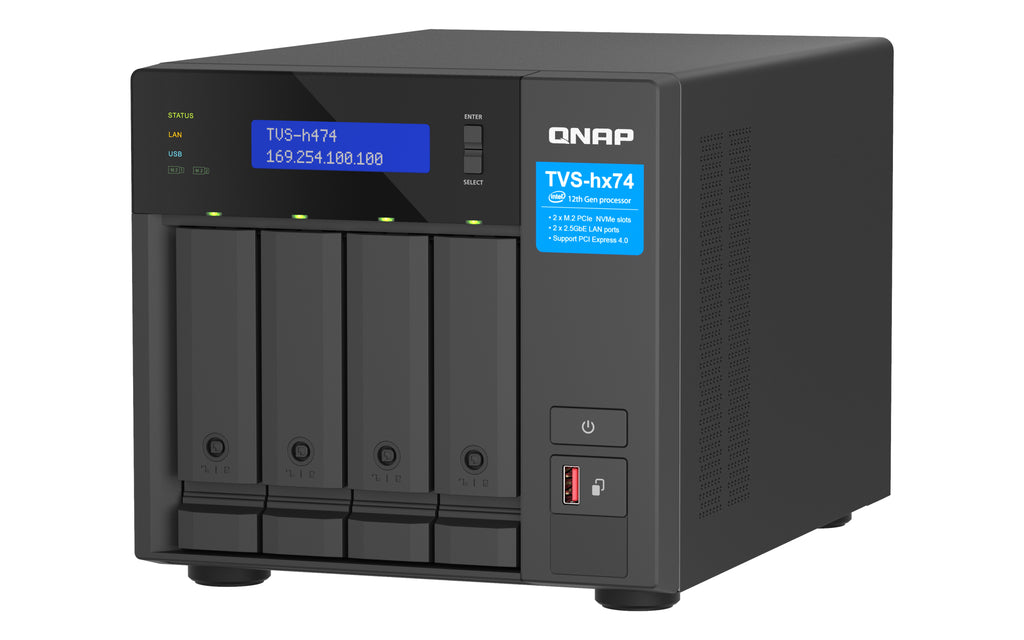 QNAP TVS-H474 NAS Tower Intel® Core™ i3 i3-12100 8 Go DDR4 0 To QuTS hero Noir