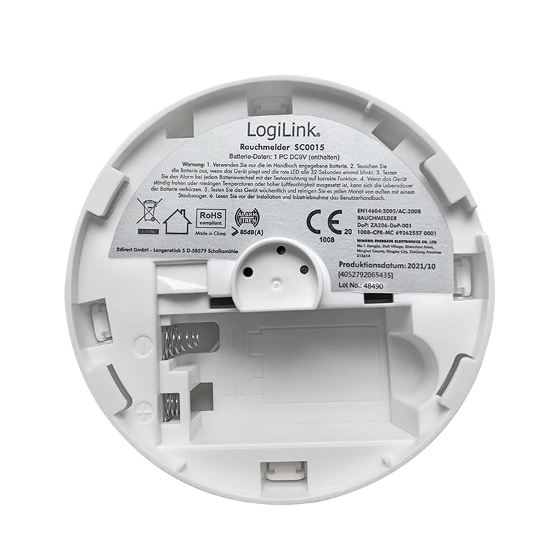 LogiLink SC0015 Détecteur de Fumée Photoélectrique à Réflexion, Filaire, Blanc