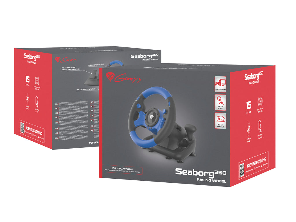 Volant et Pédales Seaborg 350 Noir et Bleu USB pour PC, PS4, PS3, Xbox Series X/S, Xbox One, Xbox 360, Nintendo Switch