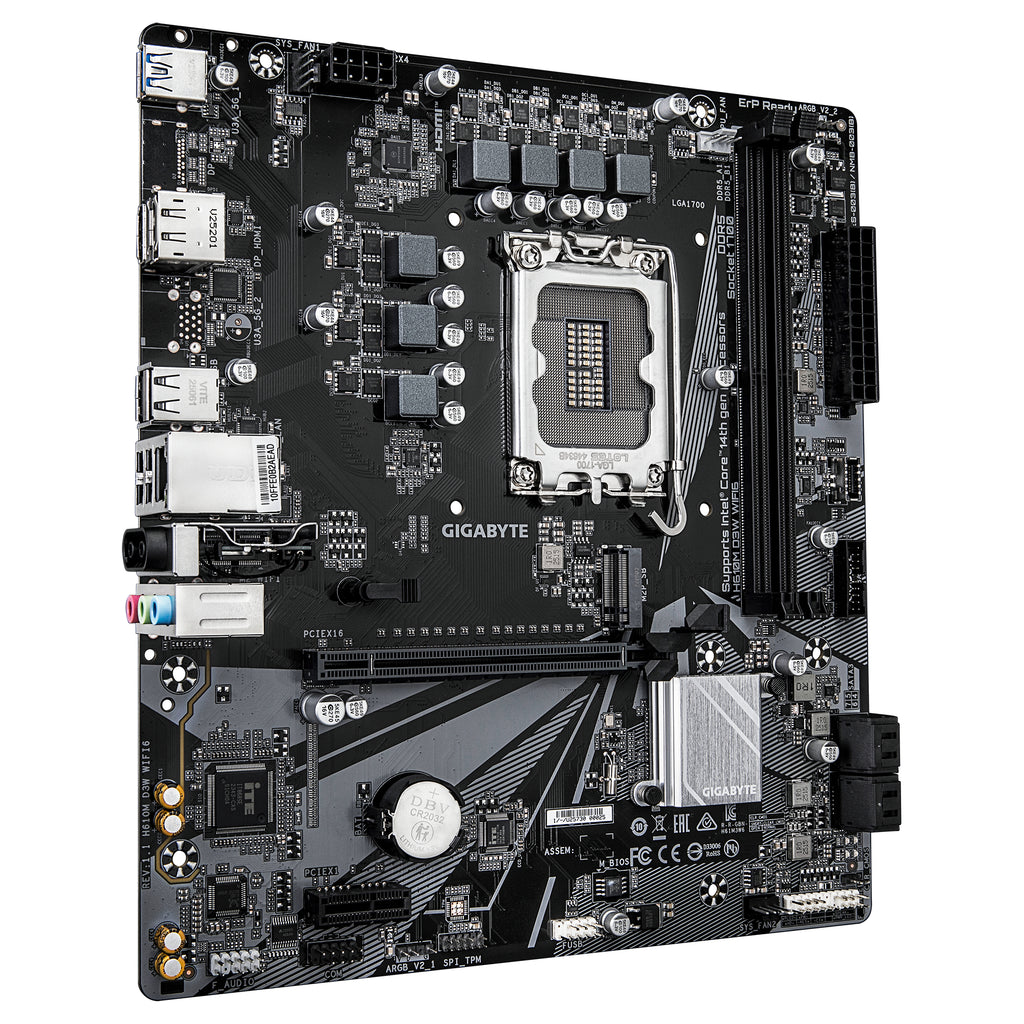 GIGABYTE H610M D3W WIFI6 Carte Mère - Prend en charge les processeurs Intel Core 14e génération, VRM 5+1+1 phases, jusqu’à 5600MHz DDR4, 1xPCIe 3.0 M.2, Wi-Fi 6, LAN 1GbE, USB 3.2 Gen 1