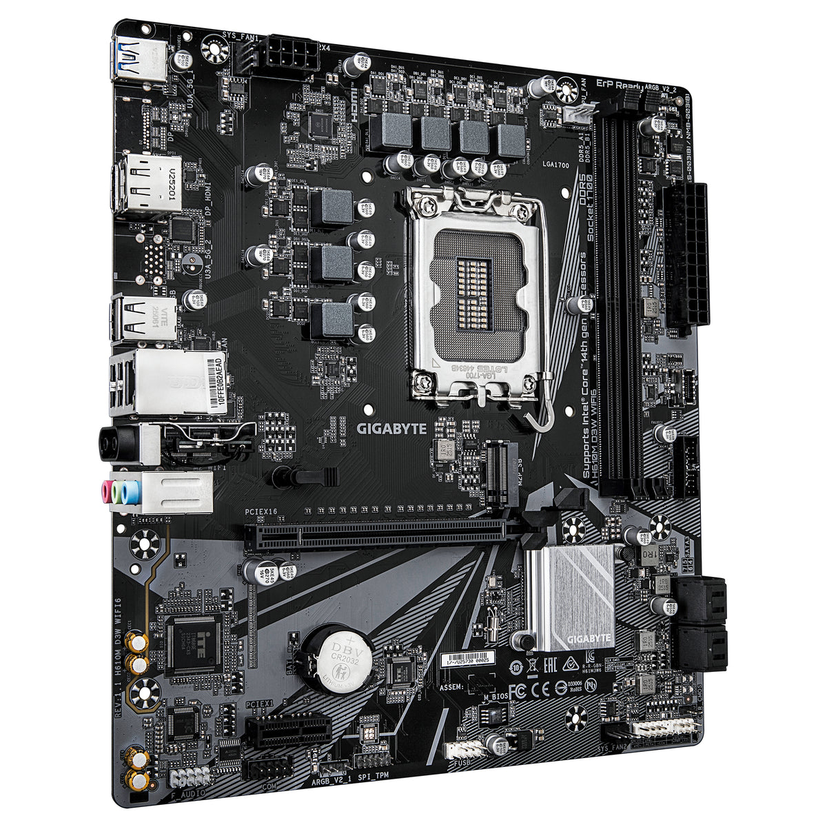 GIGABYTE H610M D3W WIFI6 Carte Mère - Prend en charge les processeurs Intel Core 14e génération, VRM 5+1+1 phases, jusqu’à 5600MHz DDR4, 1xPCIe 3.0 M.2, Wi-Fi 6, LAN 1GbE, USB 3.2 Gen 1