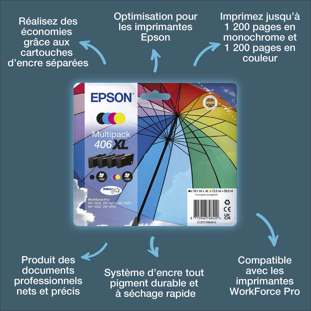 Epson Multipack de cartouches d’encre DURABrite Ultra 4 couleurs Parapluie 406XL
