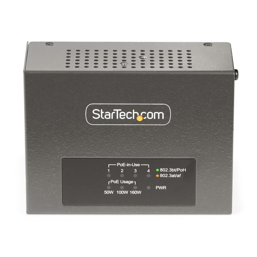 StarTech.com Injecteur PoE++ Multi-Gigabit 4 Ports, Ethernet 5/2.5/1G NBASE-T, 160W, Montage Mural/Rail DIN