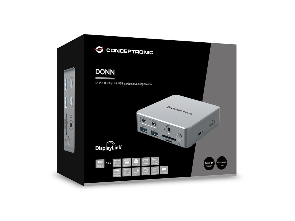 Conceptronic DONN25G Station d'accueil USB 3.2 Gen 2 Type-C, 4K Ultra HD, Argent