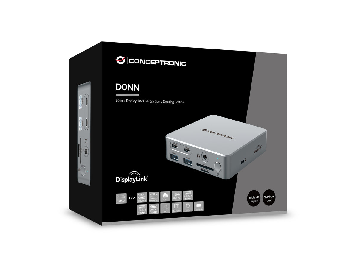 Conceptronic DONN25G Station d'accueil USB 3.2 Gen 2 Type-C, 4K Ultra HD, Argent