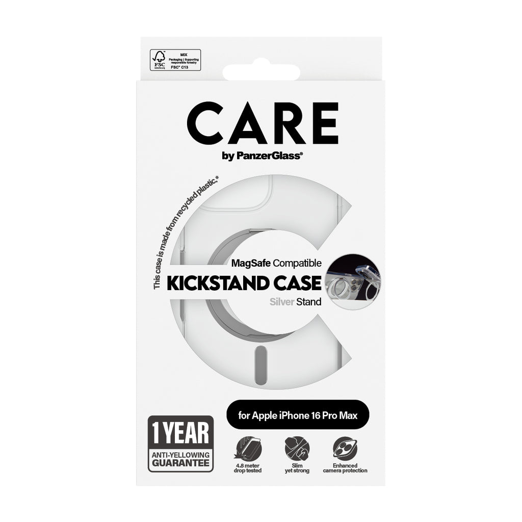 PanzerGlass CARE™ by ® Case Transparent w. Silver Kickstand & MagSafe iPhone 16 Pro Max coque de protection pour téléphones portables Housse