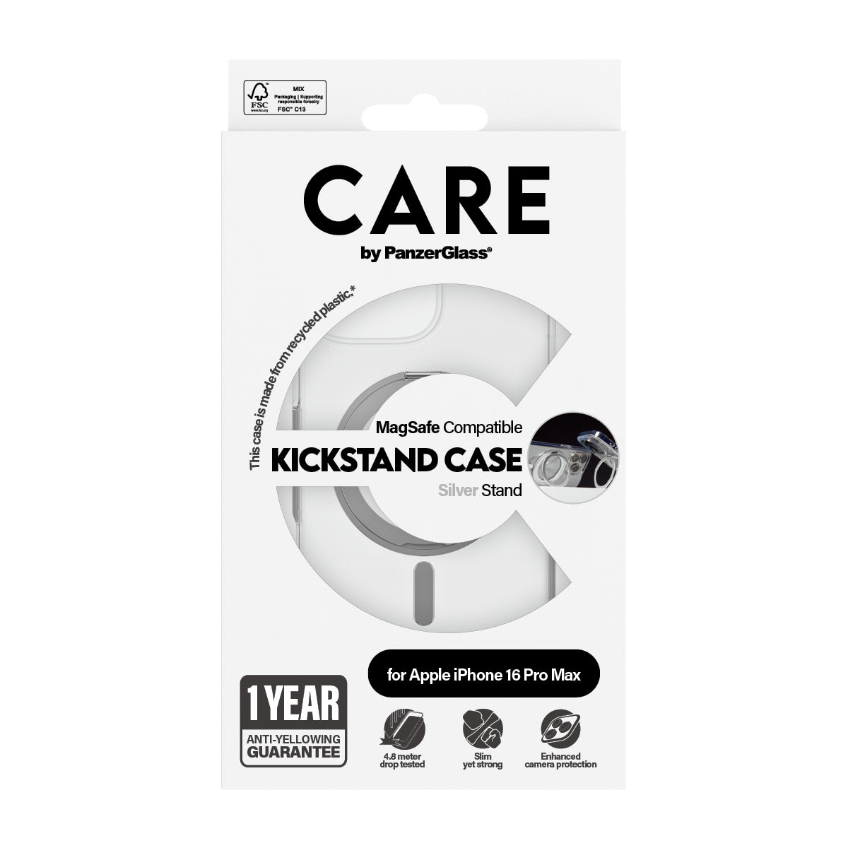 PanzerGlass CARE™ by ® Case Transparent w. Silver Kickstand & MagSafe iPhone 16 Pro Max coque de protection pour téléphones portables Housse
