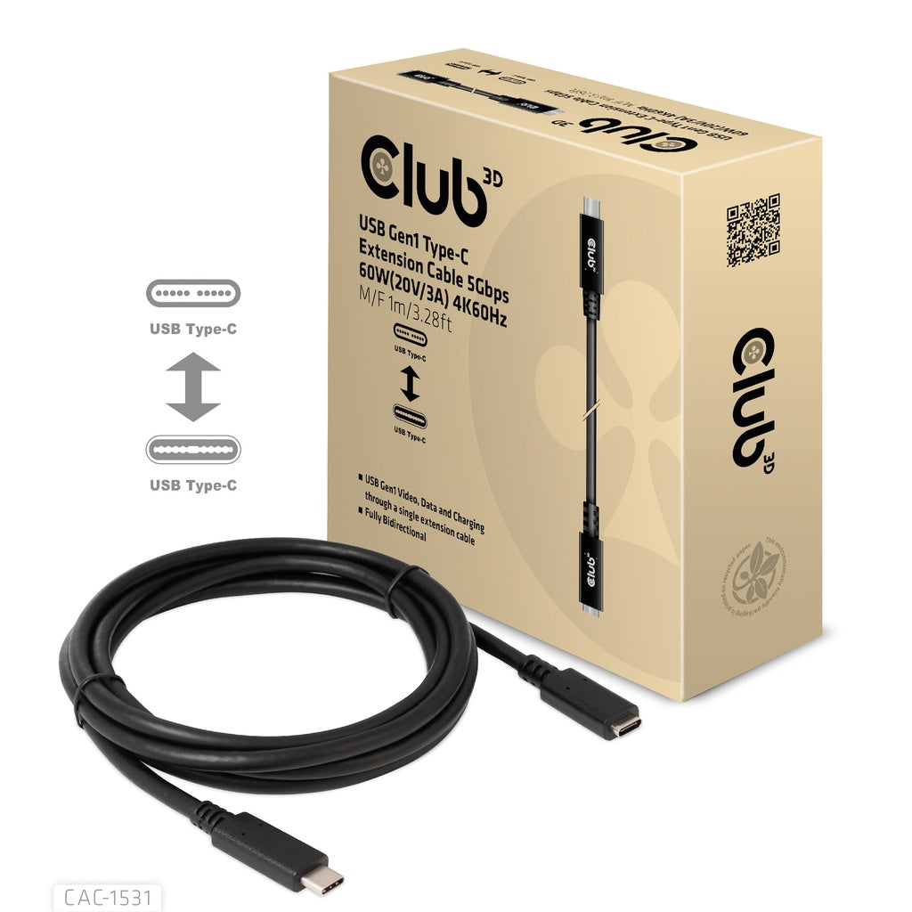 CLUB3D CAC-1531 câble USB 1 m USB C 2 x USB C 5 Gbit/s 60 W Noir