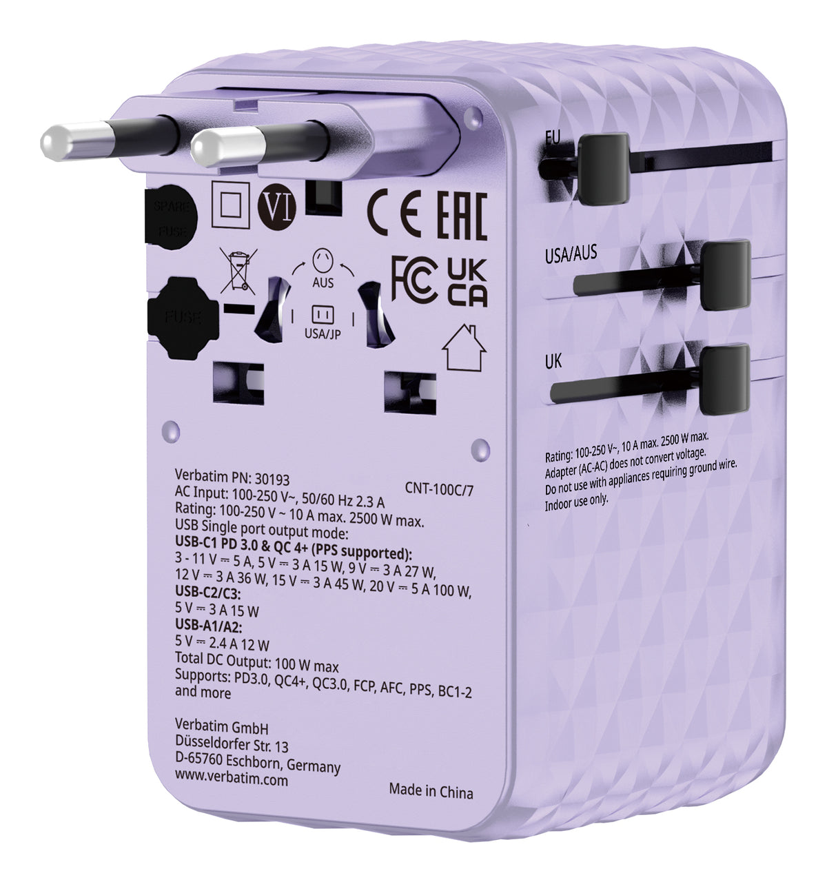 Verbatim 30193 Chargeur Universel Secteur Charge Rapide, Violet