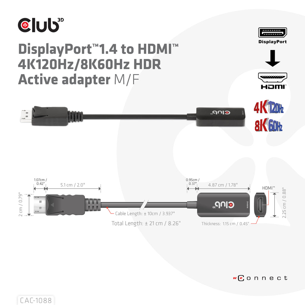 CLUB3D CAC-1088 Câble Adaptateur DisplayPort vers HDMI, Noir, 0,21 m