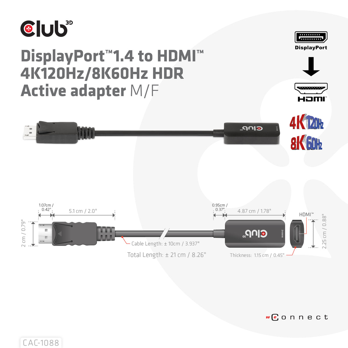 CLUB3D CAC-1088 Câble Adaptateur DisplayPort vers HDMI, Noir, 0,21 m