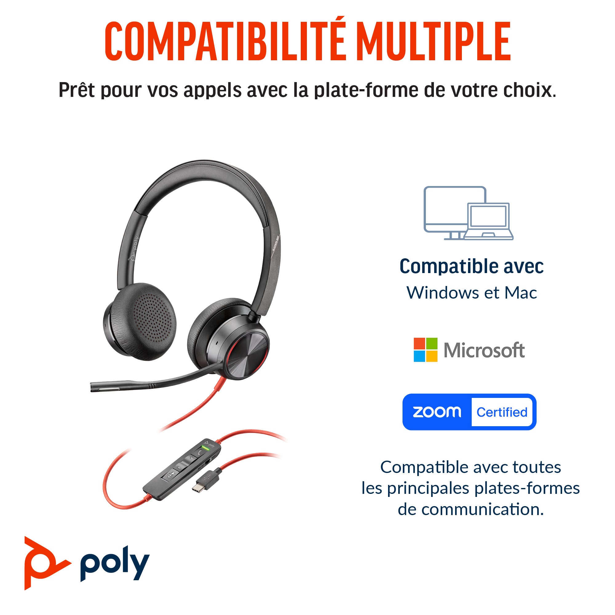 HP Poly Micro-casque Poly Blackwire 8225 stéréo USB-C certifié Microsoft Teams + adaptateur USB-C/A