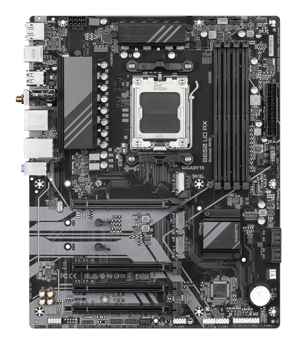 GIGABYTE B650 UD AX Carte Mère - Prend en charge les processeurs AMD Ryzen Série 9000, VRM 6+2+2 phases, jusqu'à 7600MHz DDR5 (OC), 1x PCIe 5.0 + 2x PCIe 4.0 M.2, LAN GbE, Wi-Fi 6, USB 3.2 Gen 2