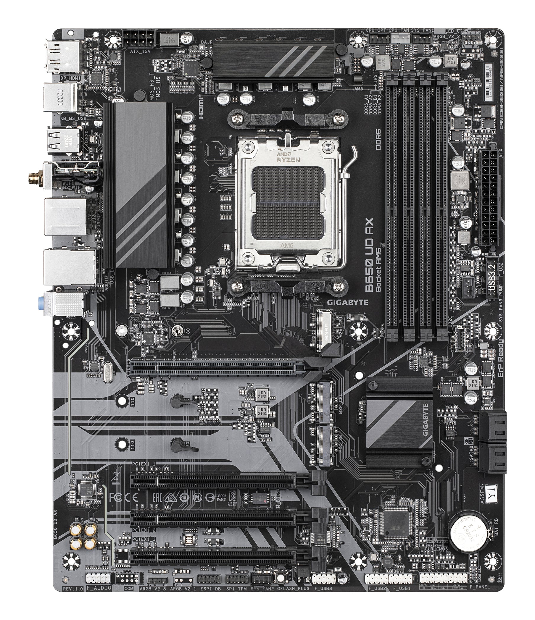 GIGABYTE B650 UD AX Carte Mère - Prend en charge les processeurs AMD Ryzen Série 9000, VRM 6+2+2 phases, jusqu'à 7600MHz DDR5 (OC), 1x PCIe 5.0 + 2x PCIe 4.0 M.2, LAN GbE, Wi-Fi 6, USB 3.2 Gen 2