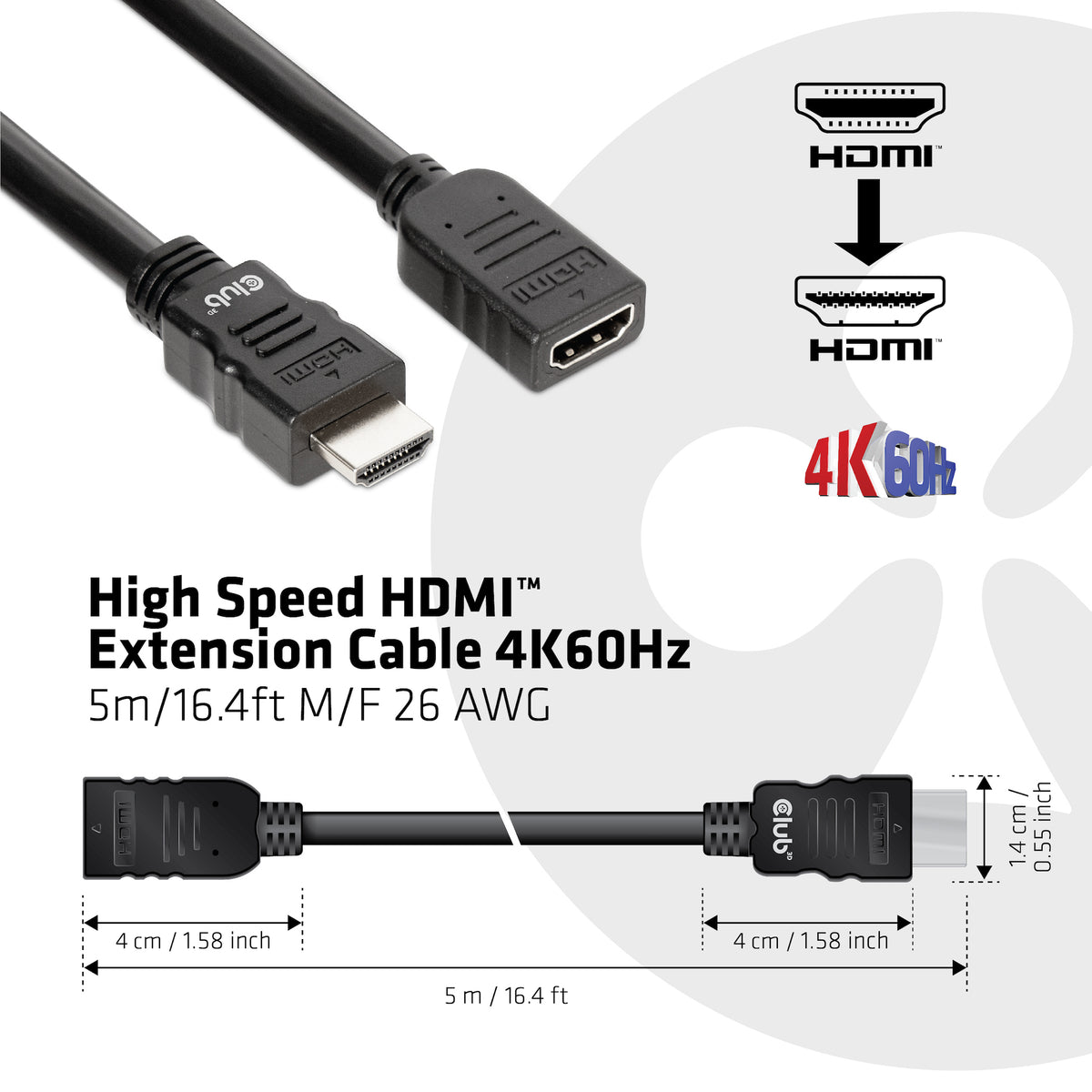 CLUB3D CAC-1325 Câble HDMI 2.0 Mâle vers Femelle, 5 m, Noir