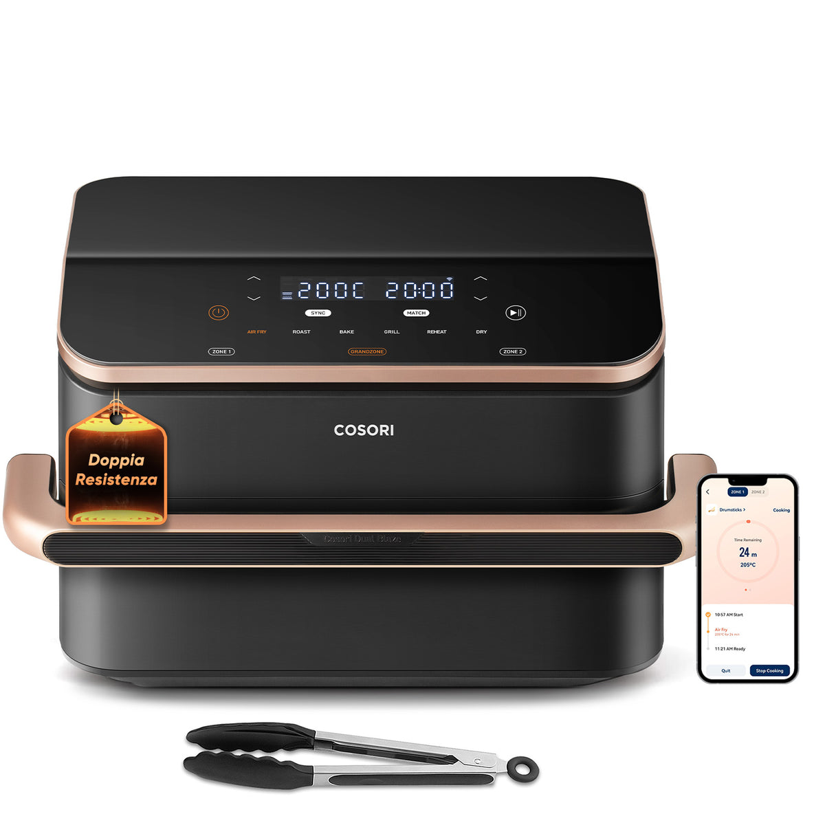 Cosori Dual Blaze Twinfry Chef Edition Double 10 L Autonome 2800 W Friteuse d’air chaud Gris foncé, Or rose