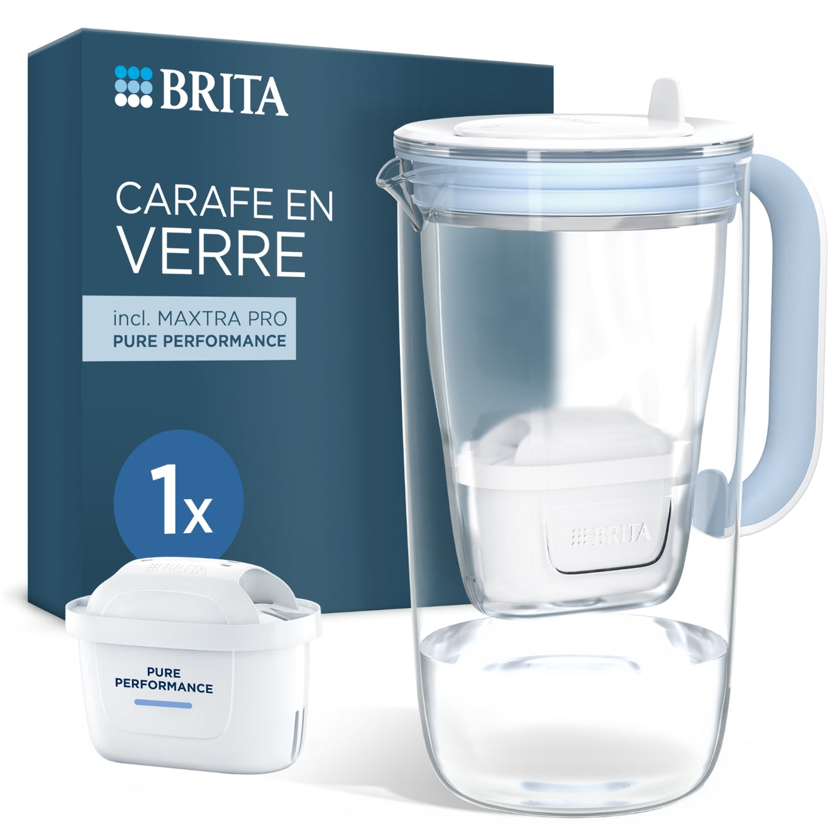 Brita Carafe filtrante en verre MAXTRA bleu clair + 1 cartouche Pure Performance