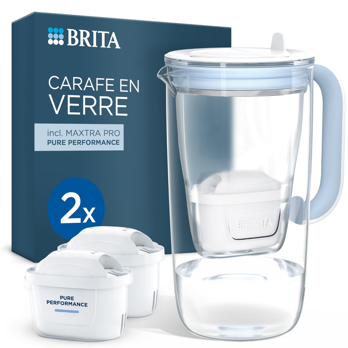 Brita Carafe filtrante en verre MAXTRA bleu clair + 2 cartouches Pure Performance