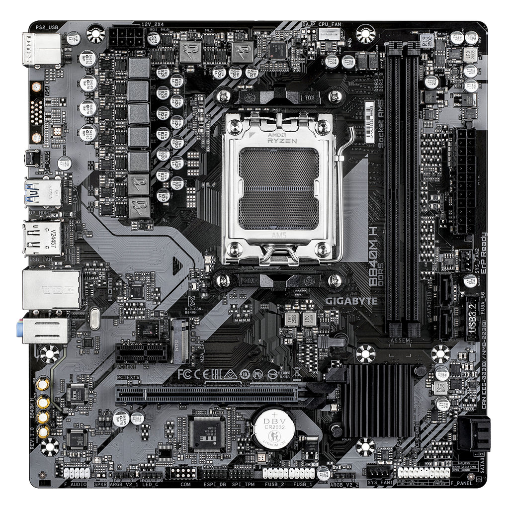 GIGABYTE B840M H Carte Mère - Processeurs AMD Ryzen 9000, VRM 5+2+2 phases, jusqu’à 7200MHz DDR5 (O.C), 1xPCIe 4.0 M.2, LAN 1GbE, USB 3.2 Gen 1 - vue 2
