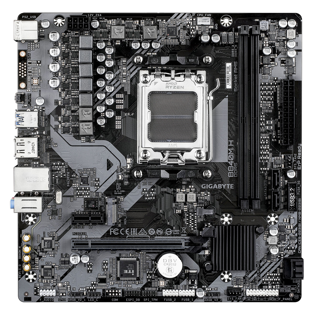 GIGABYTE B840M H Carte Mère - Processeurs AMD Ryzen 9000, VRM 5+2+2 phases, jusqu’à 7200MHz DDR5 (O.C), 1xPCIe 4.0 M.2, LAN 1GbE, USB 3.2 Gen 1 - vue 2