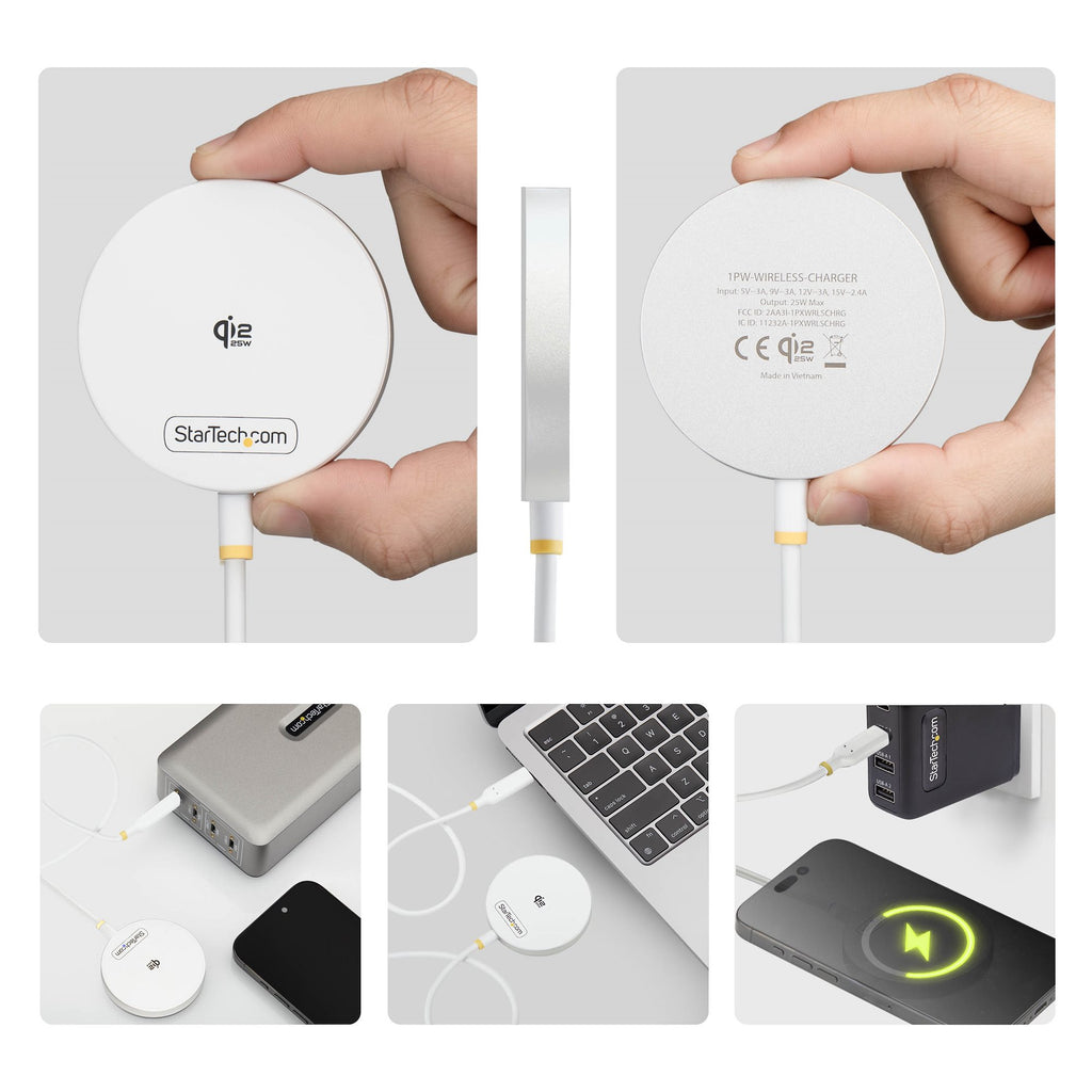 StarTech.com Pad de Charge Sans Fil Magnétique Qi2.2 25W Certifié avec Câble USB-C Intégré 6,6pi (2m), Compatible MagSaf