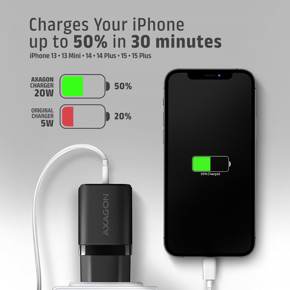 Axagon ACU-PQ20 wall charger QC3.0/AFC/FCP+ PD type-C 20 W - schwarz - USB Typ C Téléphone portable, Smartphone, Smartwatch, Tablette, Universel Noir Secteur Charge rapide Intérieure