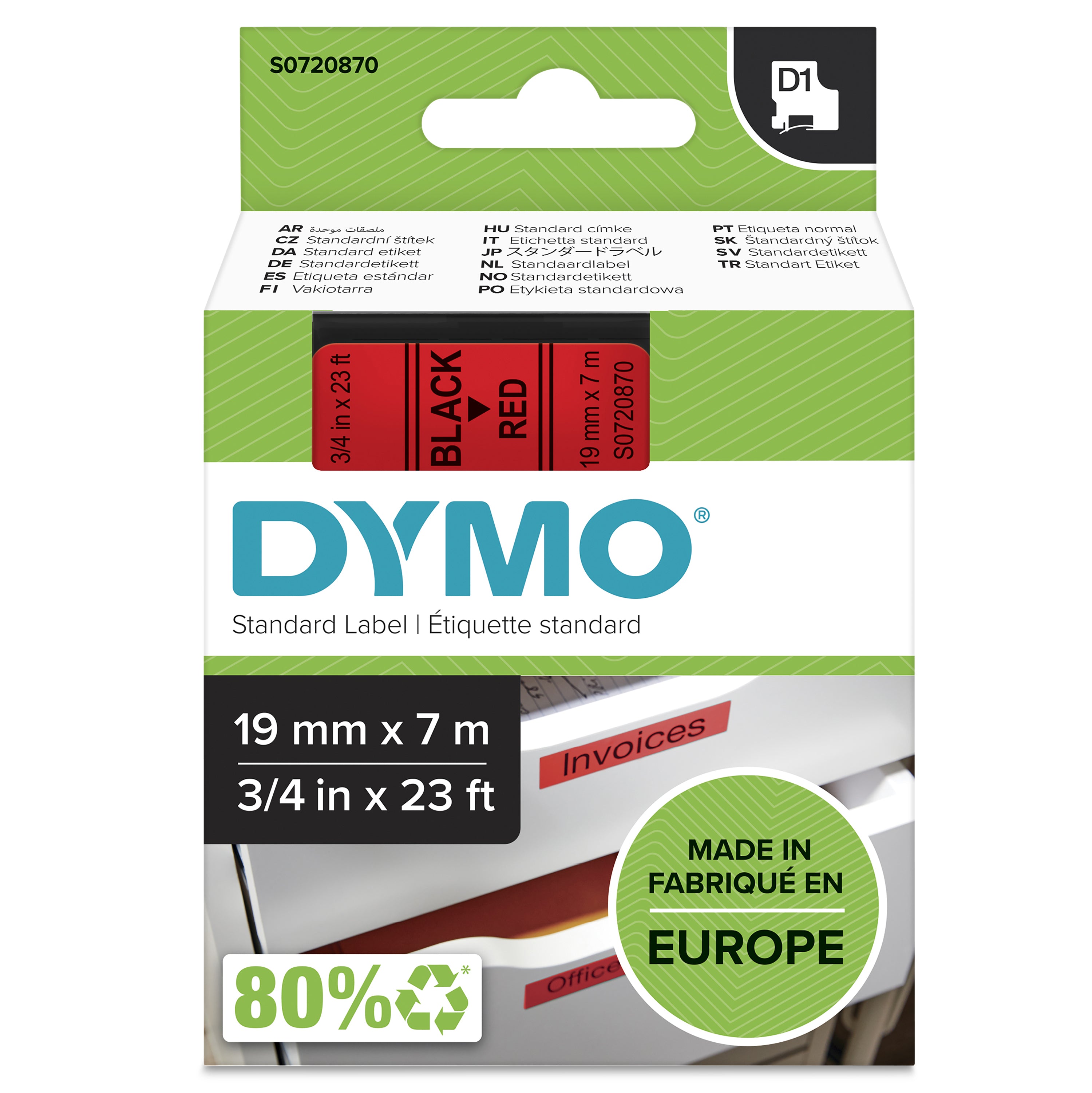 DYMO D1 étiquettes autocollantes authentiques de hautes performances en polyester | 19mm x 7m | impression en noir sur fond rouge | pour étiqueteuses LabelManager