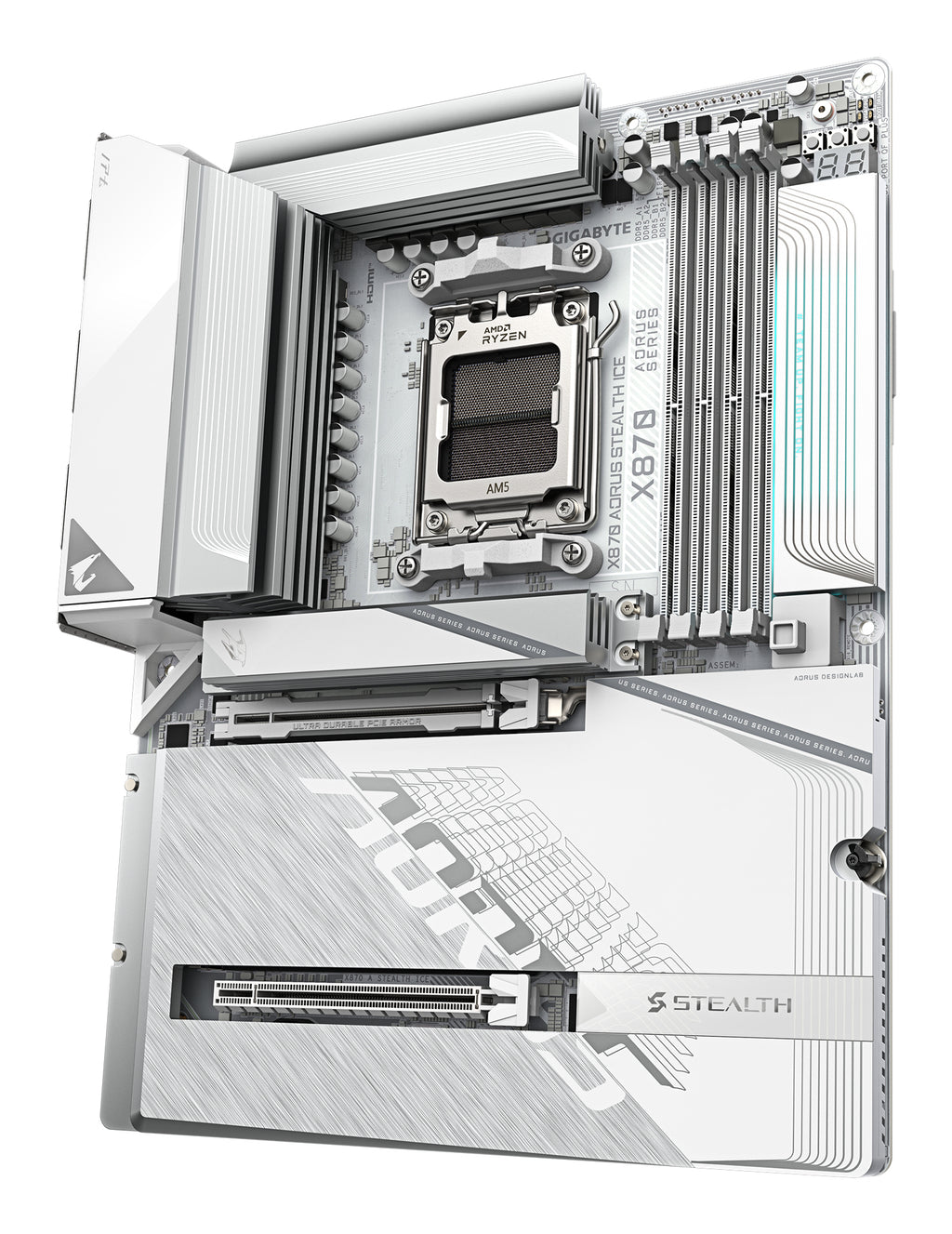 GIGABYTE X870 AORUS STEALTH ICE Carte Mère – Prend en charge les processeurs AMD Ryzen 9000, VRM numérique 16+2+2 phases, jusqu’à 8200 MHz DDR5 (OC), 2 x PCIe 5.0 + 2 x PCIe 4.0, Wi-Fi 7, LAN 5 GbE, USB 4