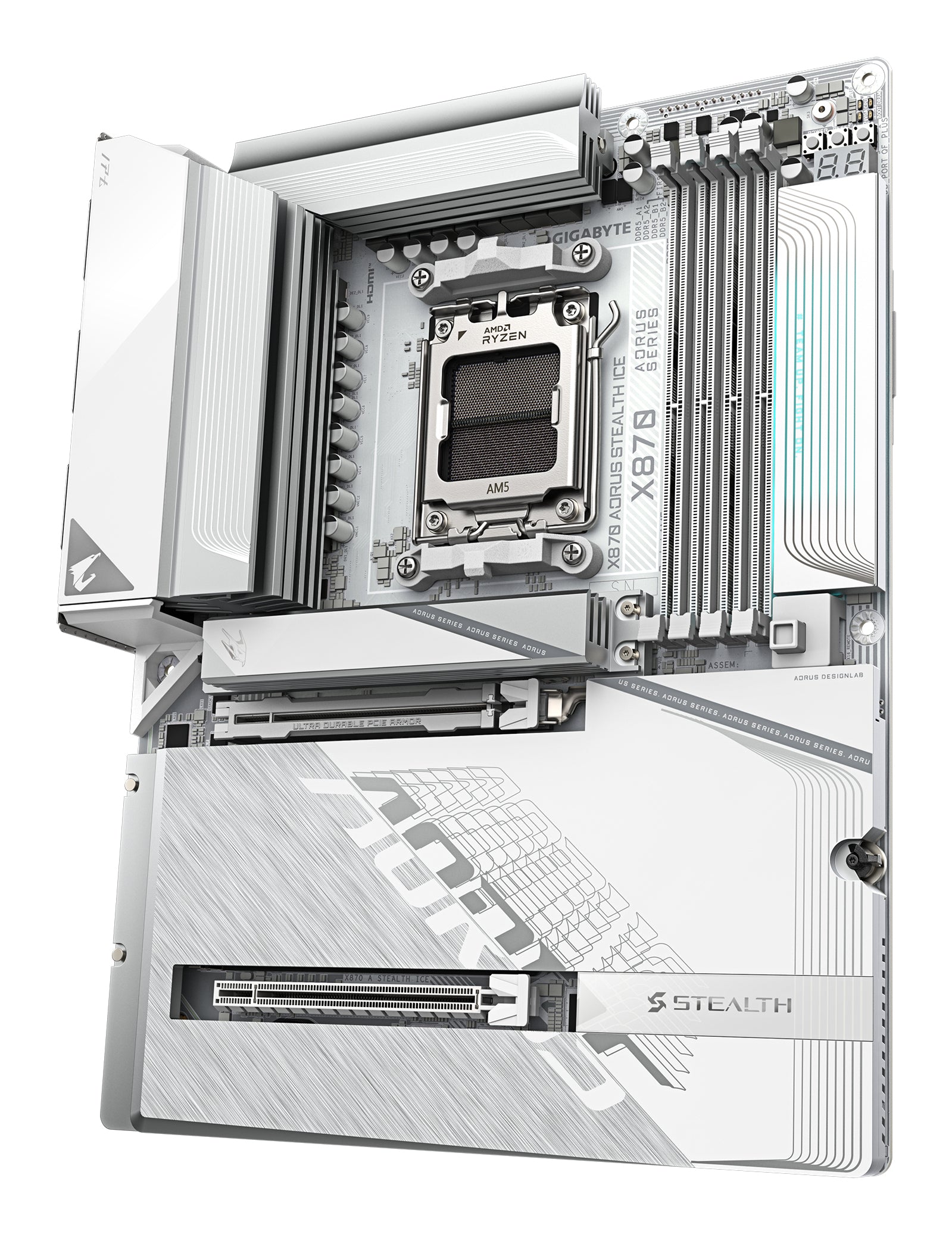 GIGABYTE X870 AORUS STEALTH ICE Carte Mère – Prend en charge les processeurs AMD Ryzen 9000, VRM numérique 16+2+2 phases, jusqu’à 8200 MHz DDR5 (OC), 2 x PCIe 5.0 + 2 x PCIe 4.0, Wi-Fi 7, LAN 5 GbE, USB 4