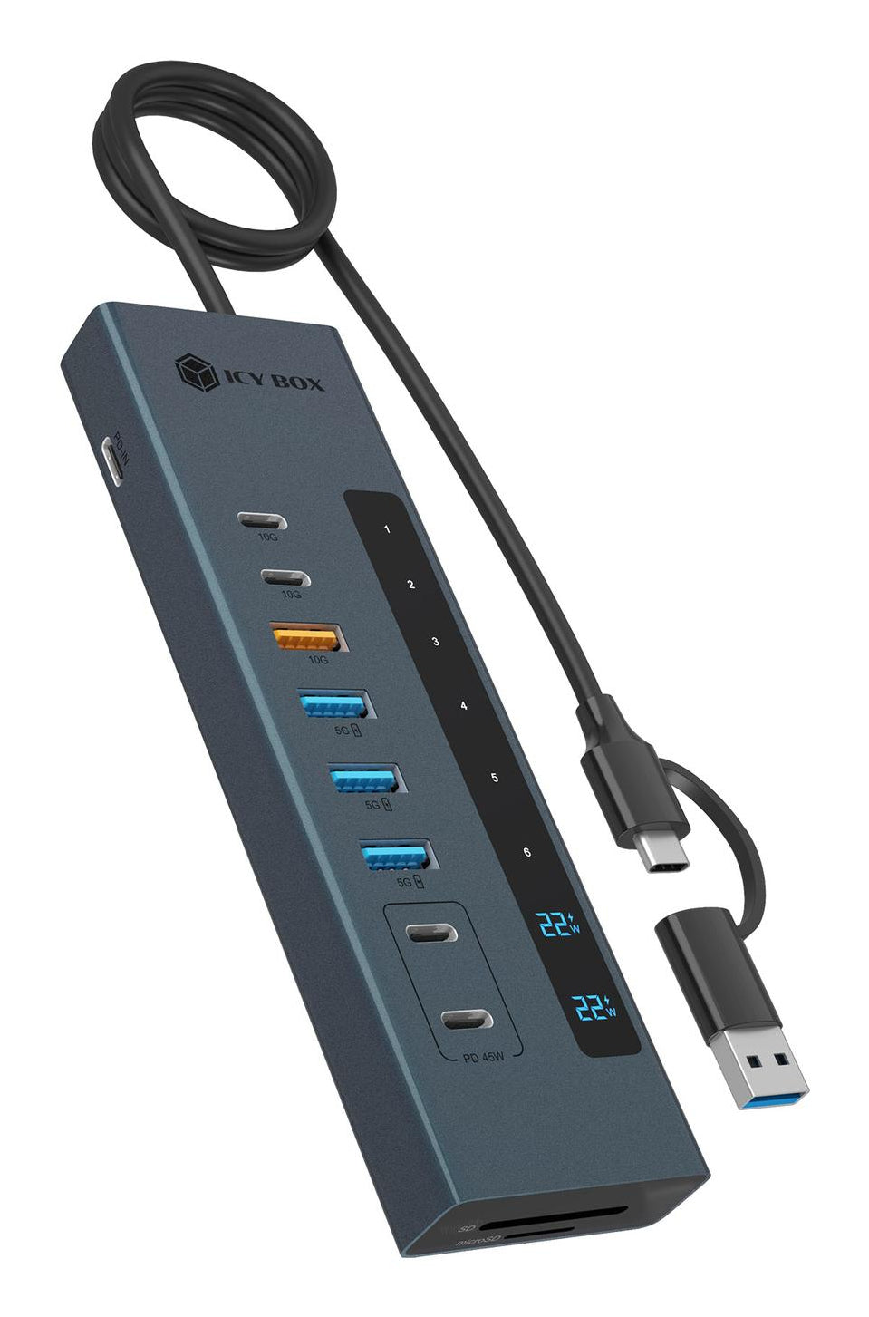 ICY BOX IB-HUB1742CR-C2PD USB 3.2 Gen 2 (3.1 Gen 2) Type-A + Type-C 10000 Mbit/s Noir