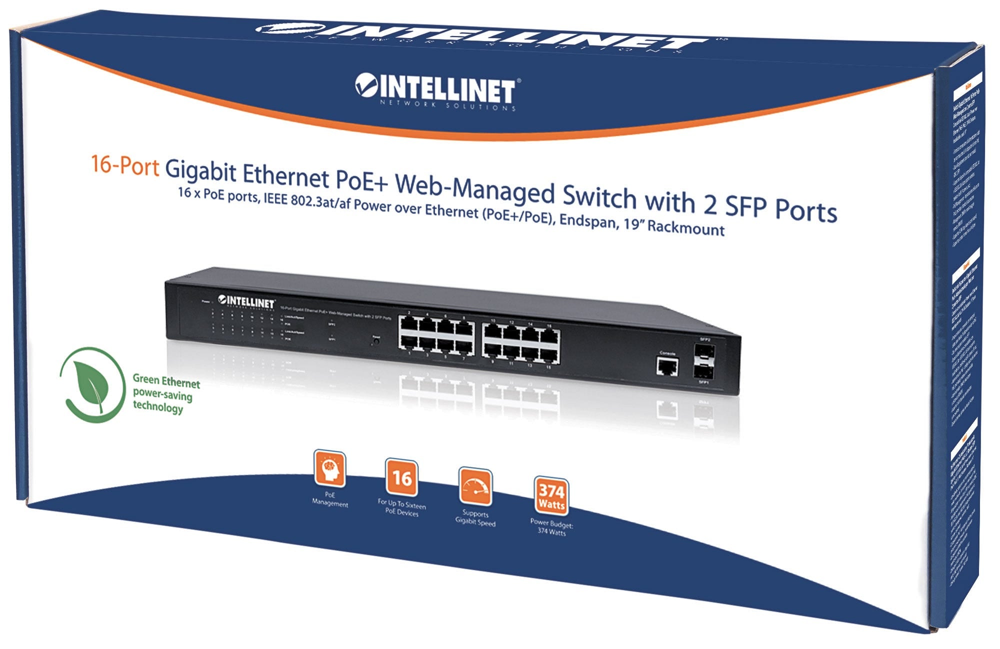 Intellinet Commutateur réseau (switch) Gigabit Ethernet PoE+ administrable via interface Web à 16 ports avec 2 ports SFP, IEEE 802.3at/af, budget PoE 374 W, endspan, montage rack 19", garantie de 3 ans