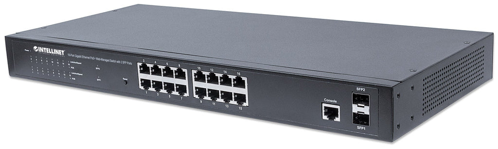 Intellinet Commutateur réseau (switch) Gigabit Ethernet PoE+ administrable via interface Web à 16 ports avec 2 ports SFP, IEEE 802.3at/af, budget PoE 374 W, endspan, montage rack 19", garantie de 3 ans