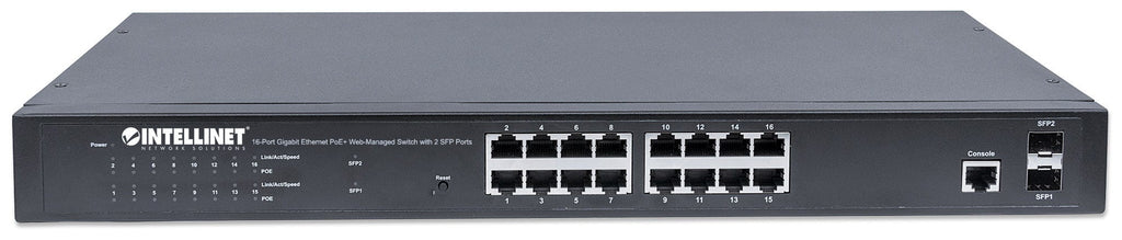 Intellinet Commutateur réseau (switch) Gigabit Ethernet PoE+ administrable via interface Web à 16 ports avec 2 ports SFP, IEEE 802.3at/af, budget PoE 374 W, endspan, montage rack 19", garantie de 3 ans