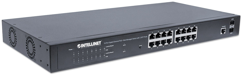 Intellinet Commutateur réseau (switch) Gigabit Ethernet PoE+ administrable via interface Web à 16 ports avec 2 ports SFP, IEEE 802.3at/af, budget PoE 374 W, endspan, montage rack 19", garantie de 3 ans