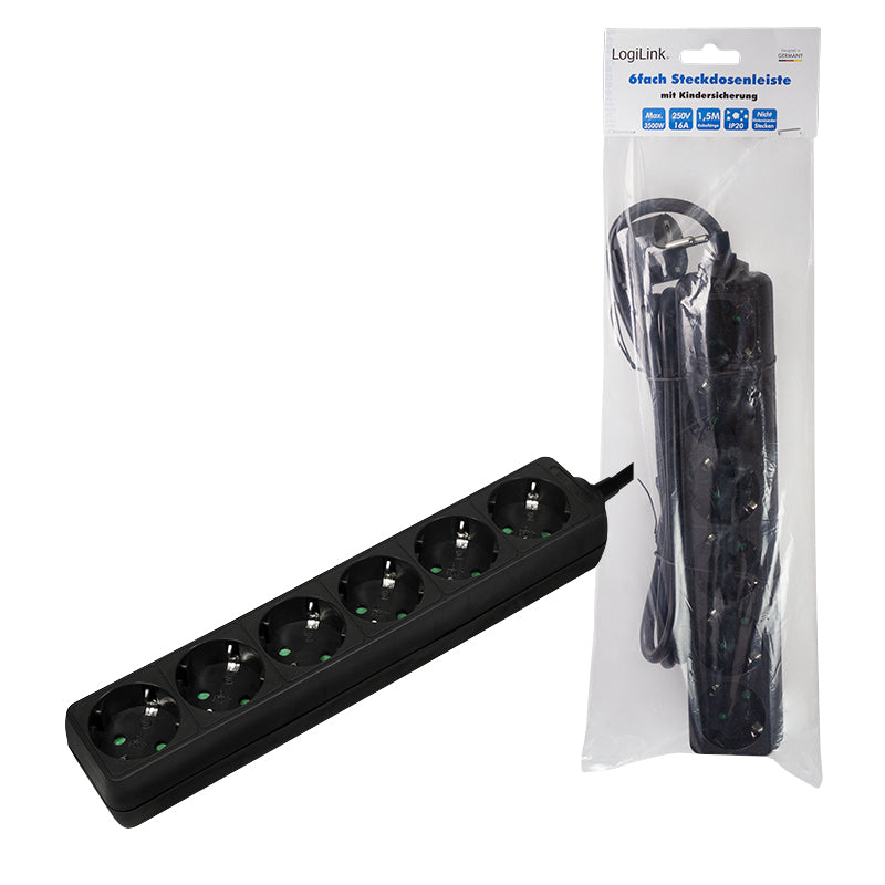 LogiLink LPS238B Multiprise 6 Prises CA, Câble 1,5 m, Noir