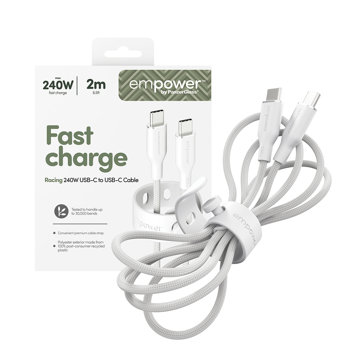 PanzerGlass empower™ by ® Racing 240W USB-C to USB-C Cable | USB 2.0 | 2M | Silver White câble USB Blanc