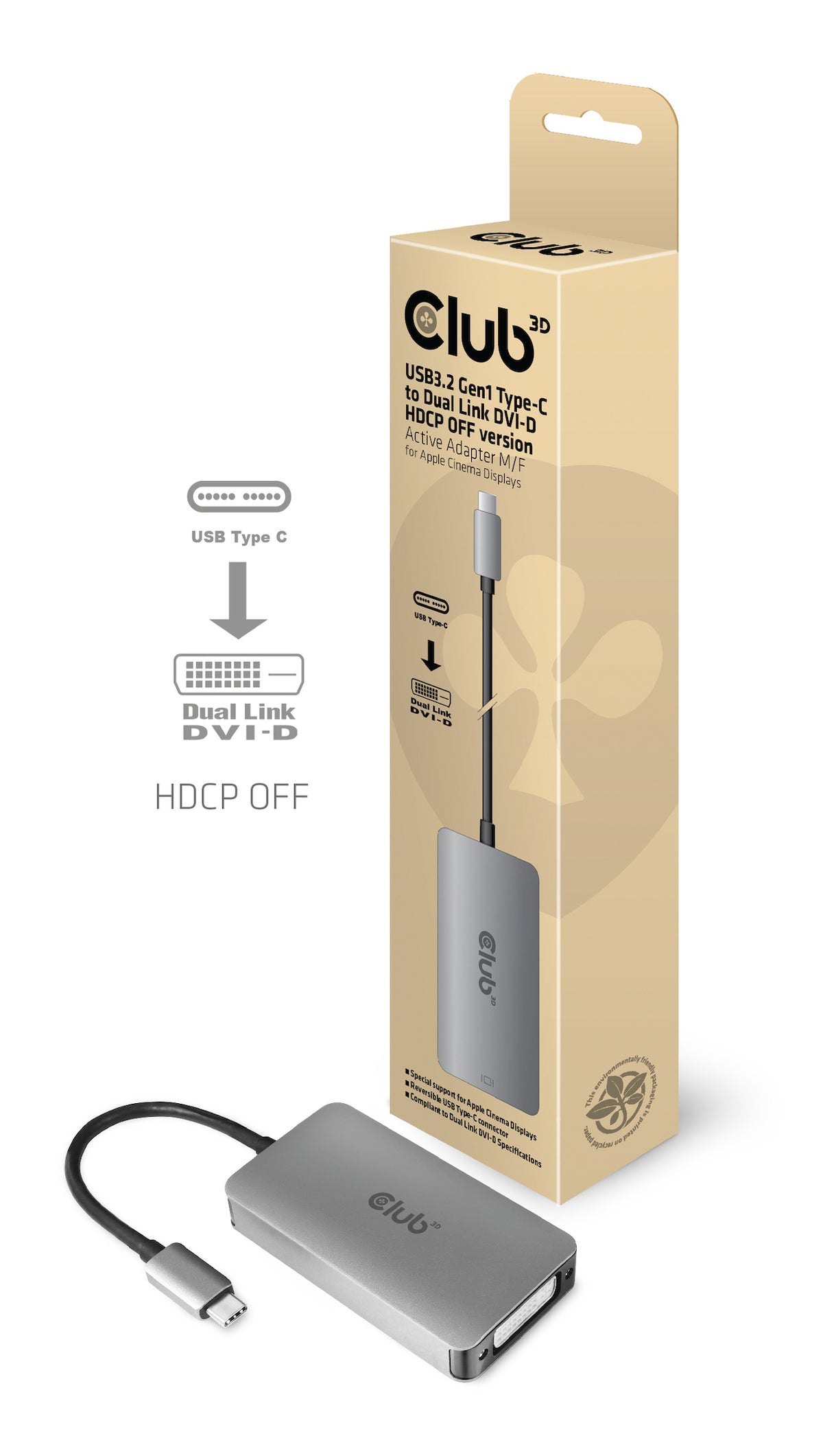 Club 3D CAC-1510-A USB-C til DVI-D aktiv videoadapter Grå