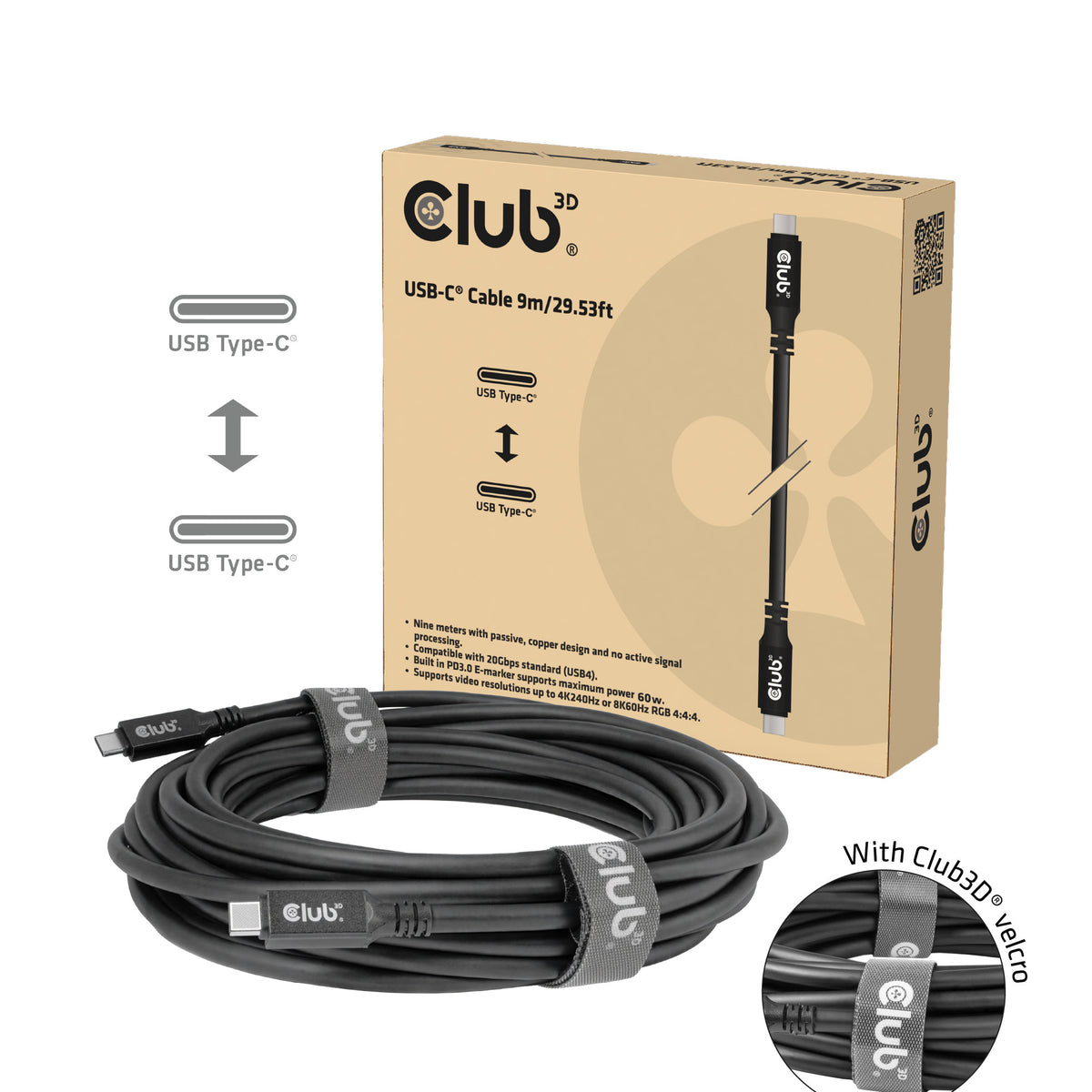 CLUB3D Câble USB-C® 8K 60 Hz, 100 W, 20 Gbps, USB4, 9 m / 29,53 pieds