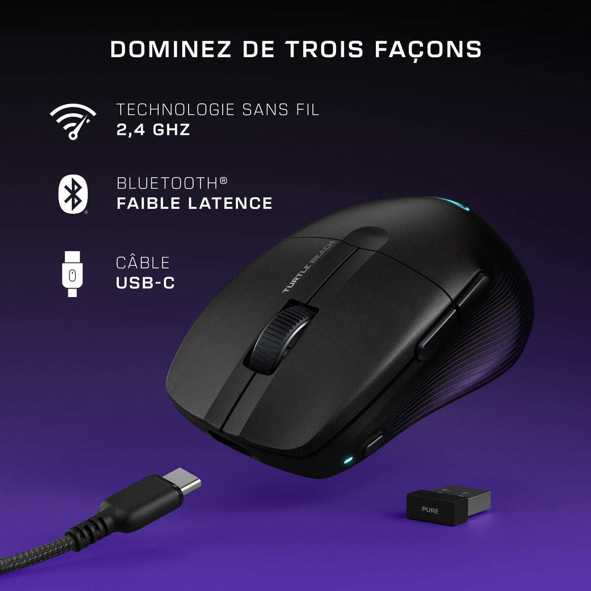 Turtle Beach Pure Air - Souris de gaming RGB ergonomique sans fil ultra-légère, capteur optique 26 000 PPP, batterie 125