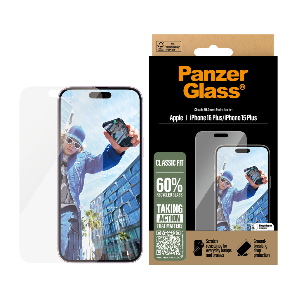 PanzerGlass Protection d'écran Classic Fit pour iPhone 16 Plus et iPhone 15 Plus, Transparent