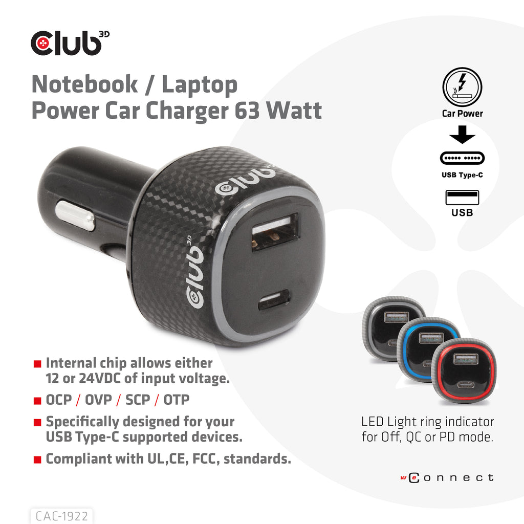 CLUB3D CAC-1922 Chargeur Allume-cigare pour Ordinateur Portable, Noir