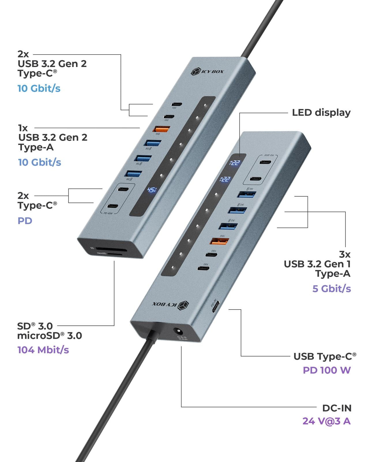 ICY BOX IB-HUB1742CR-C2PD USB 3.2 Gen 2 (3.1 Gen 2) Type-A + Type-C 10000 Mbit/s Noir