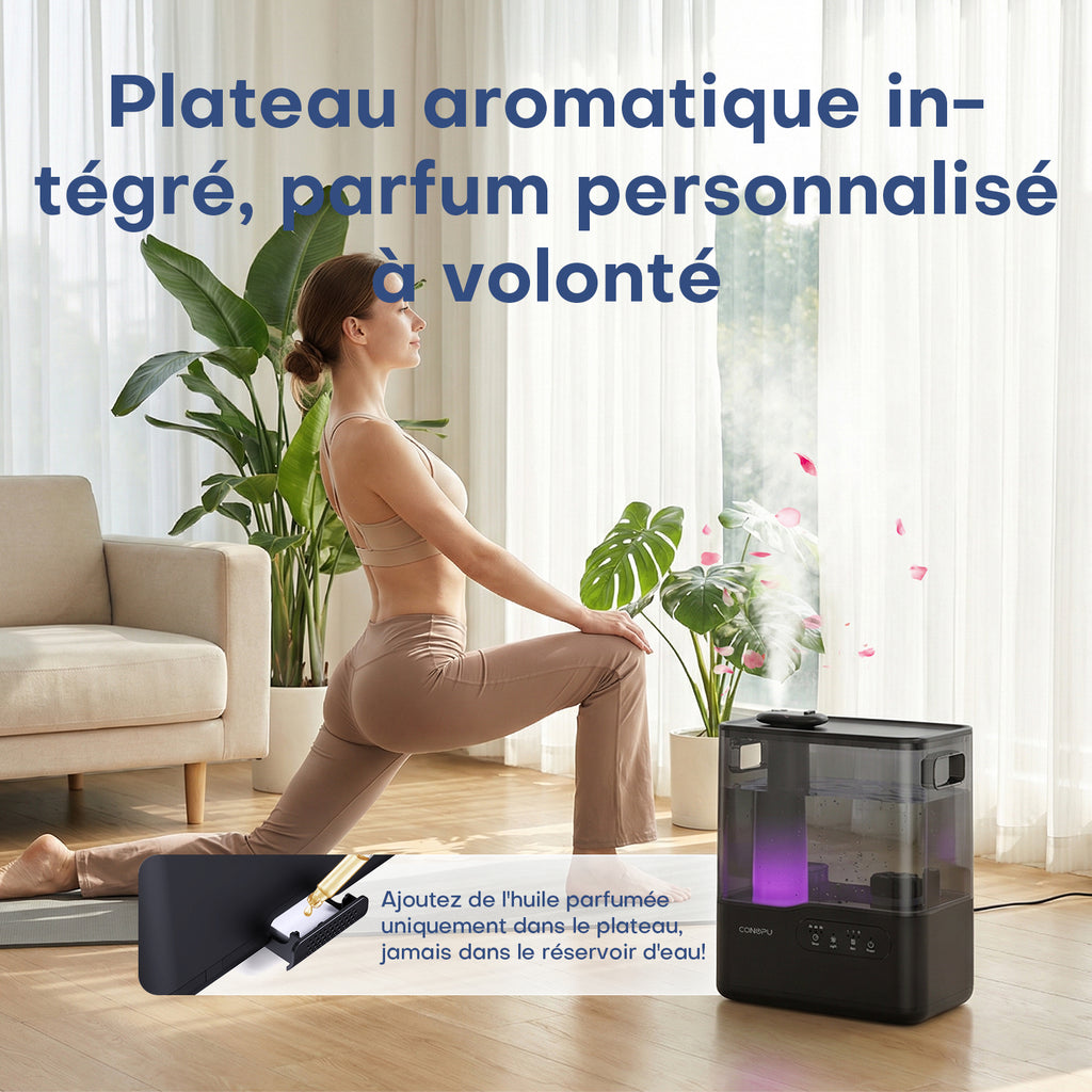 CONOPU Humidificateur ultrasonique 5 L à remplissage par le haut, double buse 360°, plateau d’aromathérapie et veilleuse à 7 couleurs, mode veille ultra silencieux, minuterie et arrêt automatique