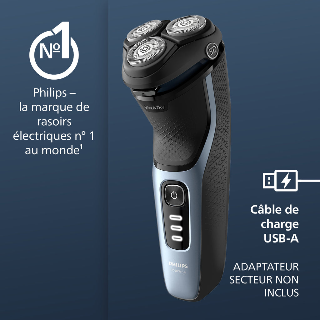 Philips Series 3000 S3243/12 Rasoir électrique avec têtes 5D Pivot & Flex, 27 lames PowerCut auto-affûtées, utilisation humide & sèche, tondeuse rétractable, charge rapide - Noir