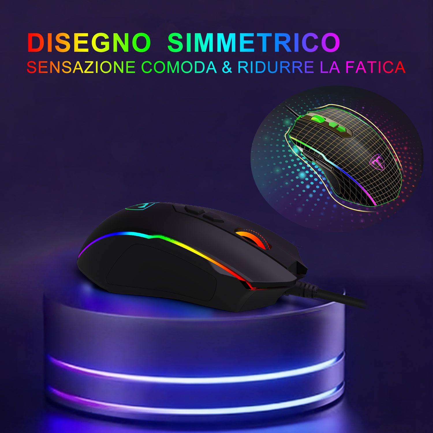 ET Souris de jeu filaire USB haute performance avec 7200 PPP réglables, RVB, 8 boutons programmables, ergonomique, PC/Mac – Noir