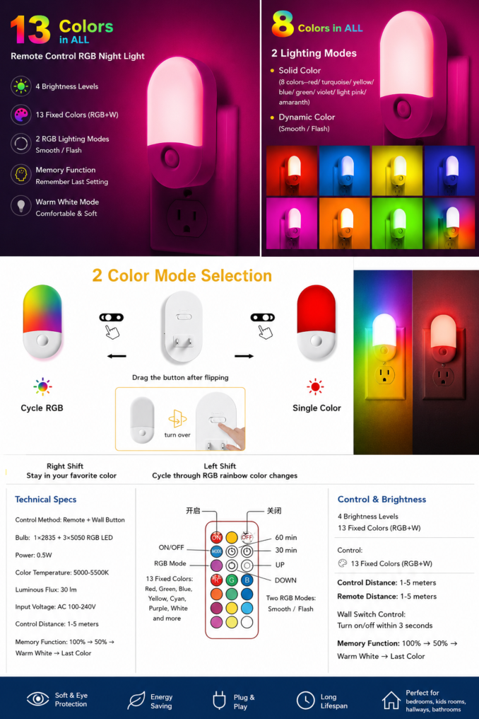 Lichty Veilleuse RGB télécommandée, 7 couleurs, SMD LED, 0,5 W, 110–220 V, ABS + métal, fonction de minuterie, pour chambre et chambre d’enfant